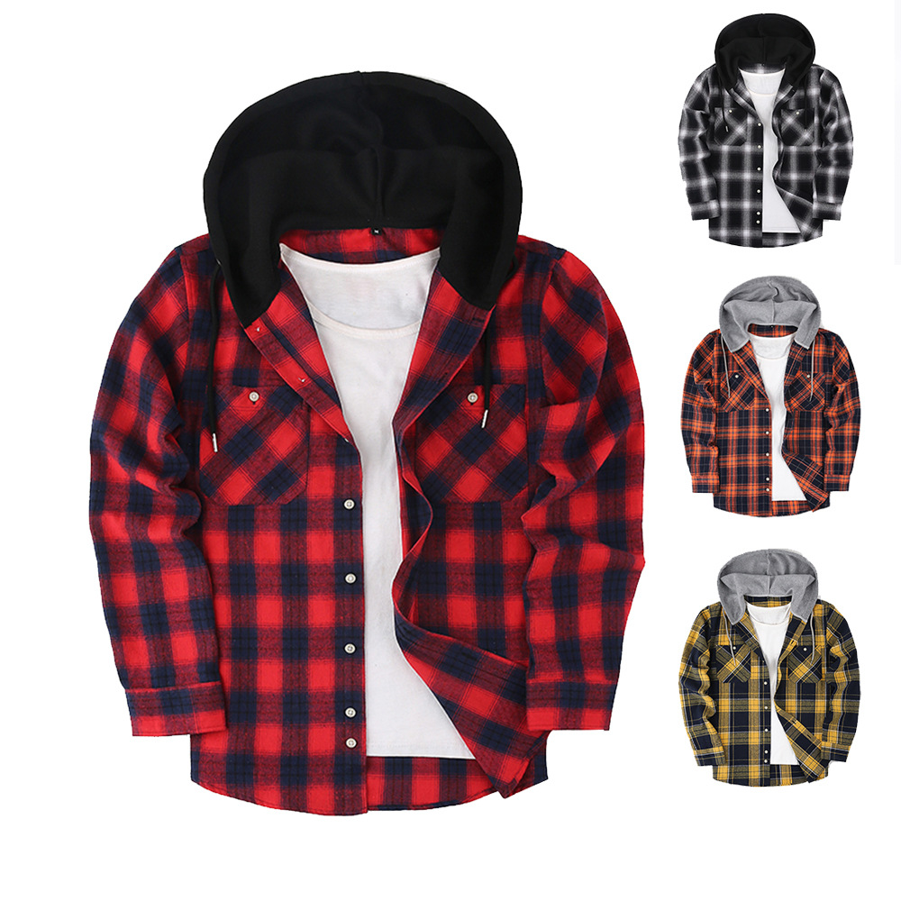 Foreign Trade Spring Hooded Casual Plaid Long Sleeve Men's Shirt Men's Shirt Youth Coat Formal Wear Factory Wholesale