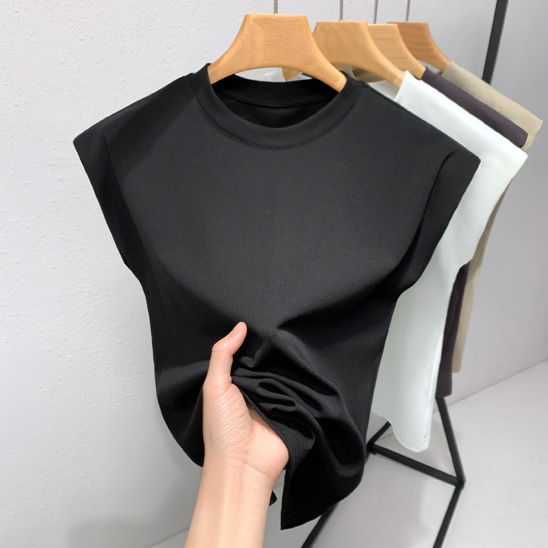 Right-Angle Shoulder Padded Shoulder T-shirt Women's Summer 2023 New Women's Simple Crew Neck Short Sleeve T-shirt Waist Solid Color Top