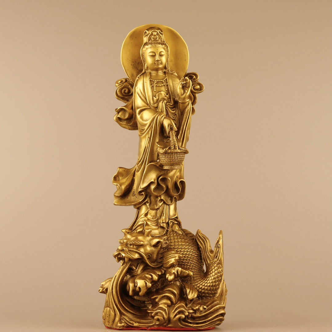 黄铜提篮铜观音佛像 批发吉祥礼品工艺摆件 家居装饰供奉铜摆件