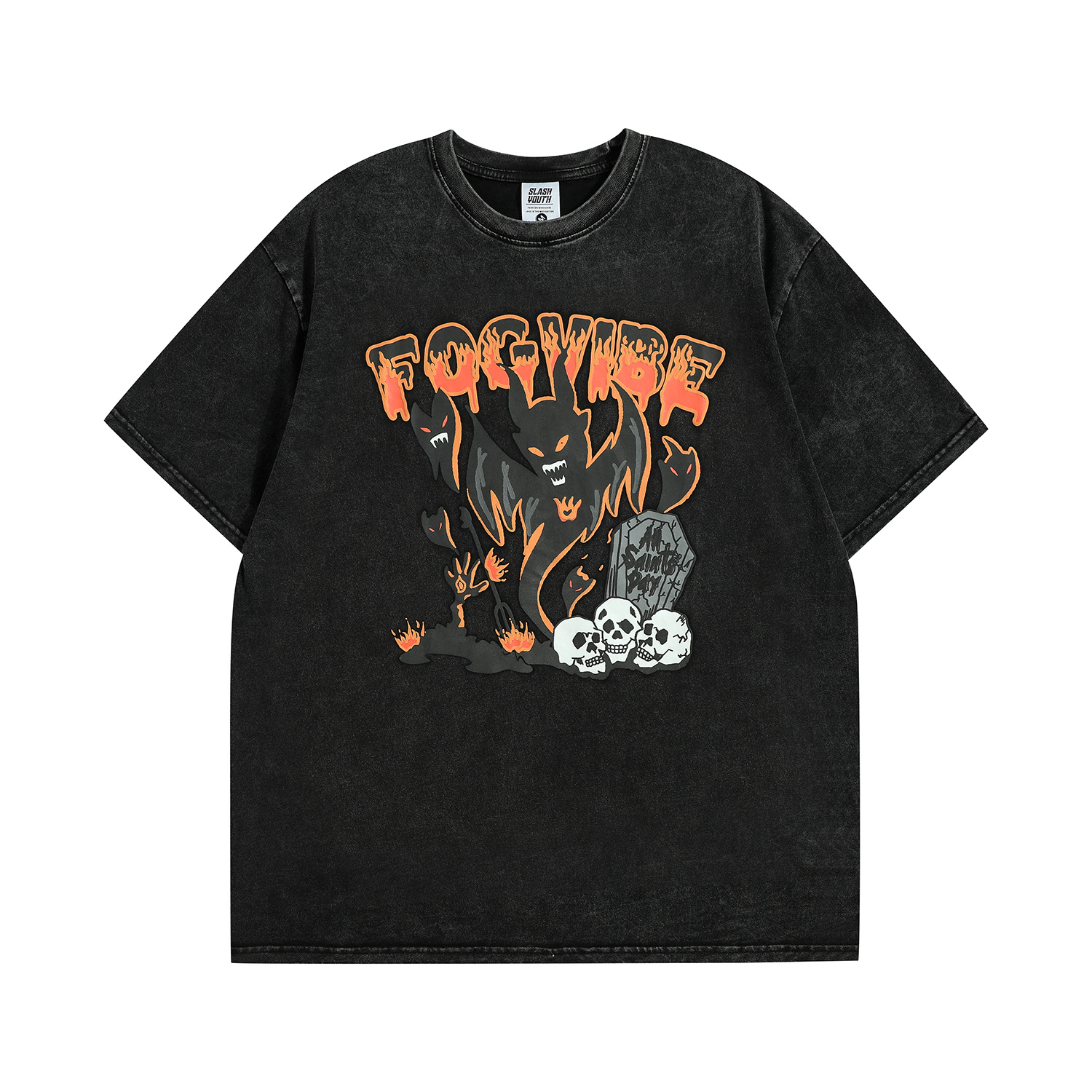 暗黑风卡通风小鬼发泡印花宽松圆领短袖t恤男ins潮牌百搭休闲上衣