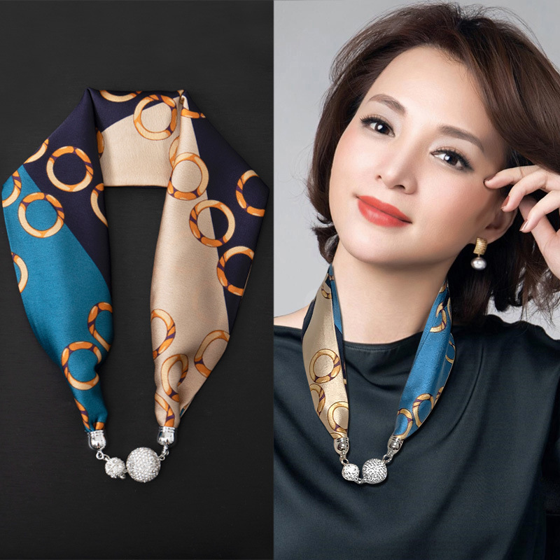 Summer Lazy Free Double-Layer Scarf Magnetic Buckle Necklace Women's Rhinestone Green Business Wear with Decorative Scarf