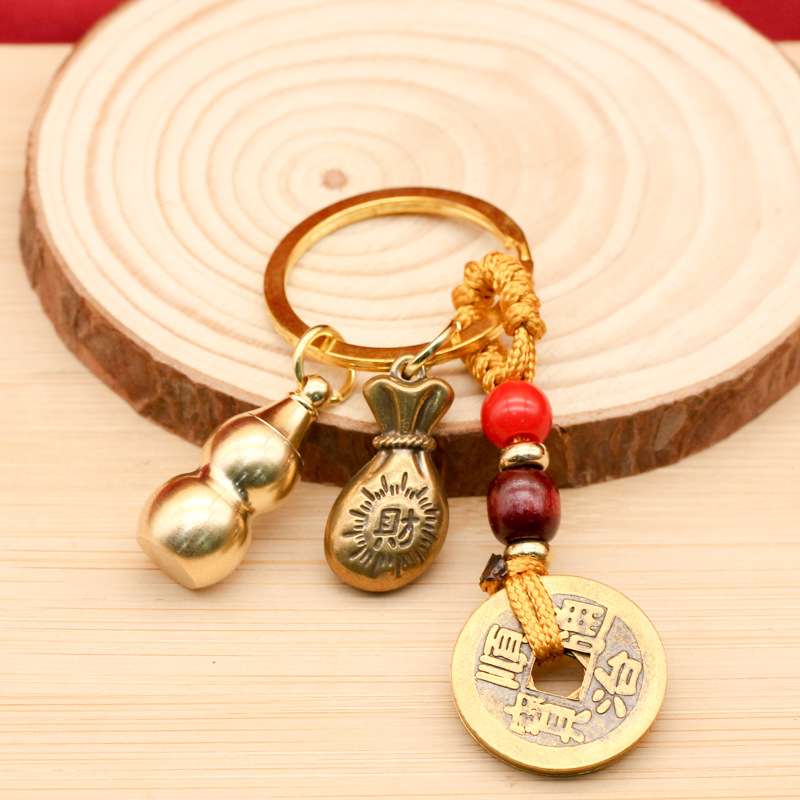 黄铜实心财富钱袋子钥匙扣五帝钱 汽车钥匙扣挂饰一件代发景区款