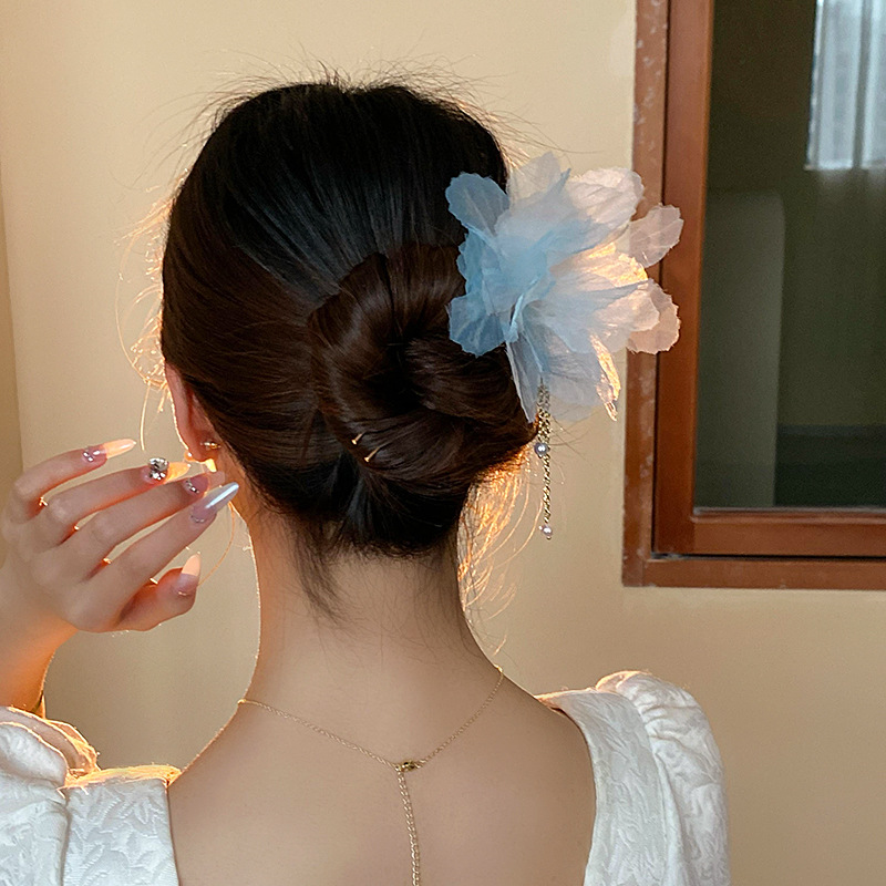 New Chinese Style Sweet Pearl Tassel Flowers Hairpin Ancient Style Elegant Updo Hair Clasp Fashion Trendy Hair Accessories Wholesale for Women