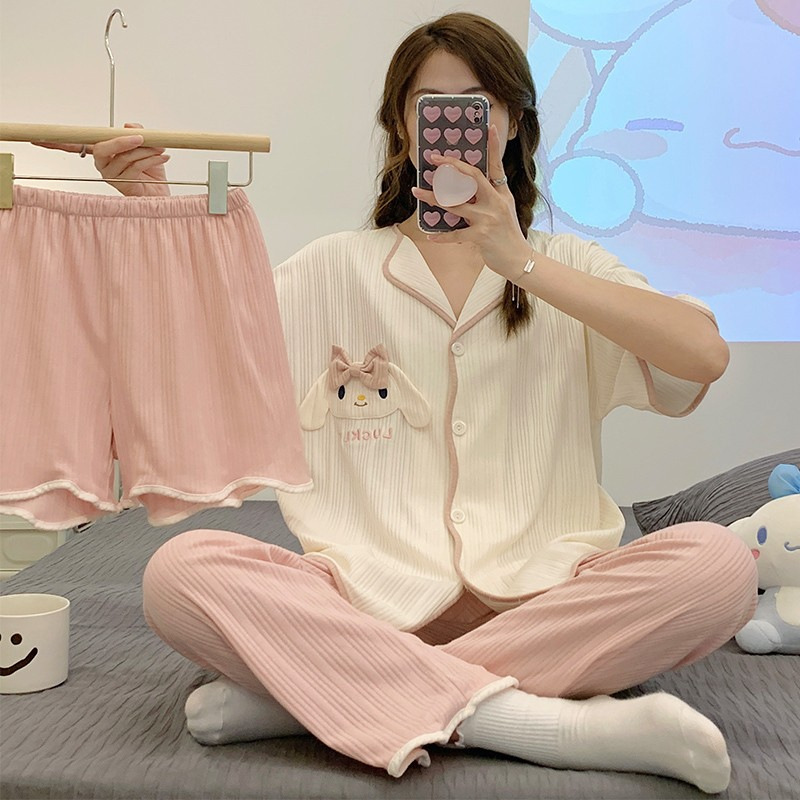 Factory Direct Cross-Border Pajamas Women's Summer Three-Piece Cardigan Short Sleeve Trousers Suit Southeast Asia Hot Sale Quantity Discounts