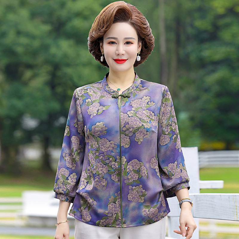 Middle-Aged Mom Spring Wear Artificial Silk Top Spring and Summer Mid-Sleeve T-shirt Middle-Aged and Elderly Women's Summer Youthful Undershirt New