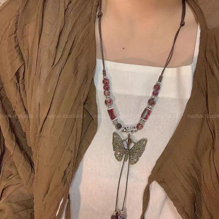 New Chinese Ethnic Style ~ Ceramic Butterfly Long Necklace Bell 2023 New Retro Clavicle Chain Accessories Women