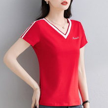 莫代尔v领短袖t恤女时尚夏装2023年新款红色洋气韩版中年妈妈上衣