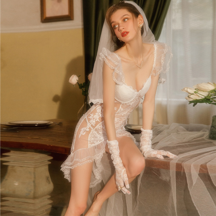 thin lace see-through mesh dress bridal dress wedding nightdress seductive sexy role