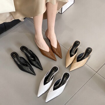 包头尖头半拖鞋女外穿2023夏季凉拖鞋女鞋黑色高跟中跟细跟穆勒鞋