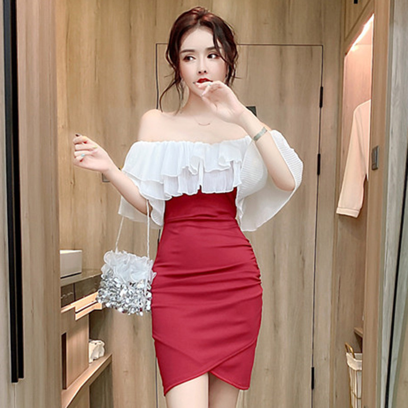 法式连衣裙202年夏季新款性感荷叶边一字肩漏锁骨修身显瘦包臀裙