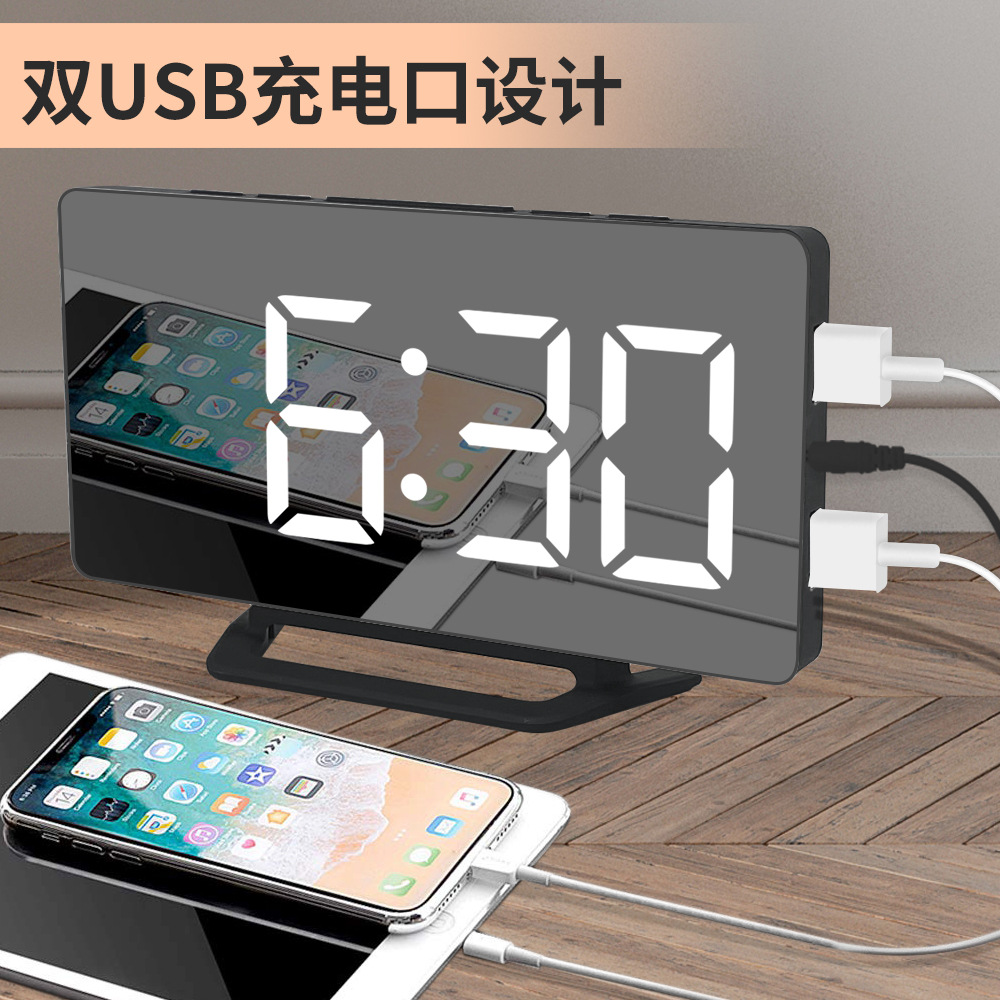 定制logo多功能静音led镜面闹钟镜像钟酒店电子闹钟双USB充电时钟