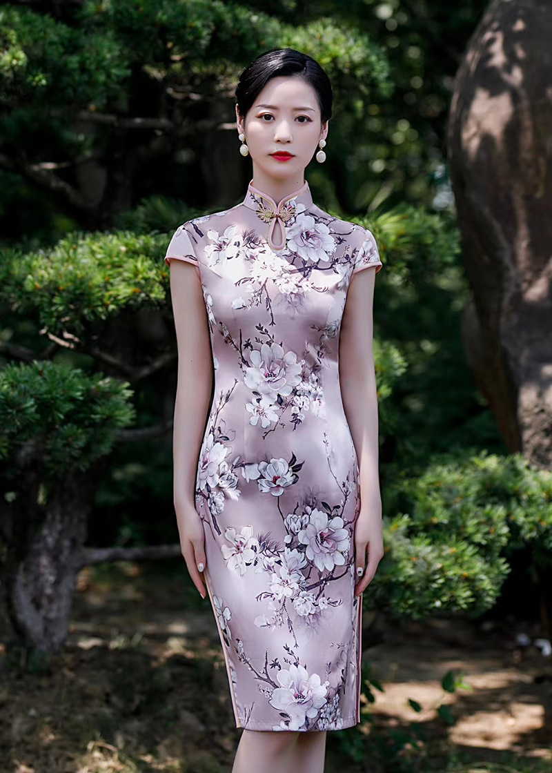 断码处理中长款丝绸旗袍单层 修身显瘦少女连衣裙显瘦礼仪日常