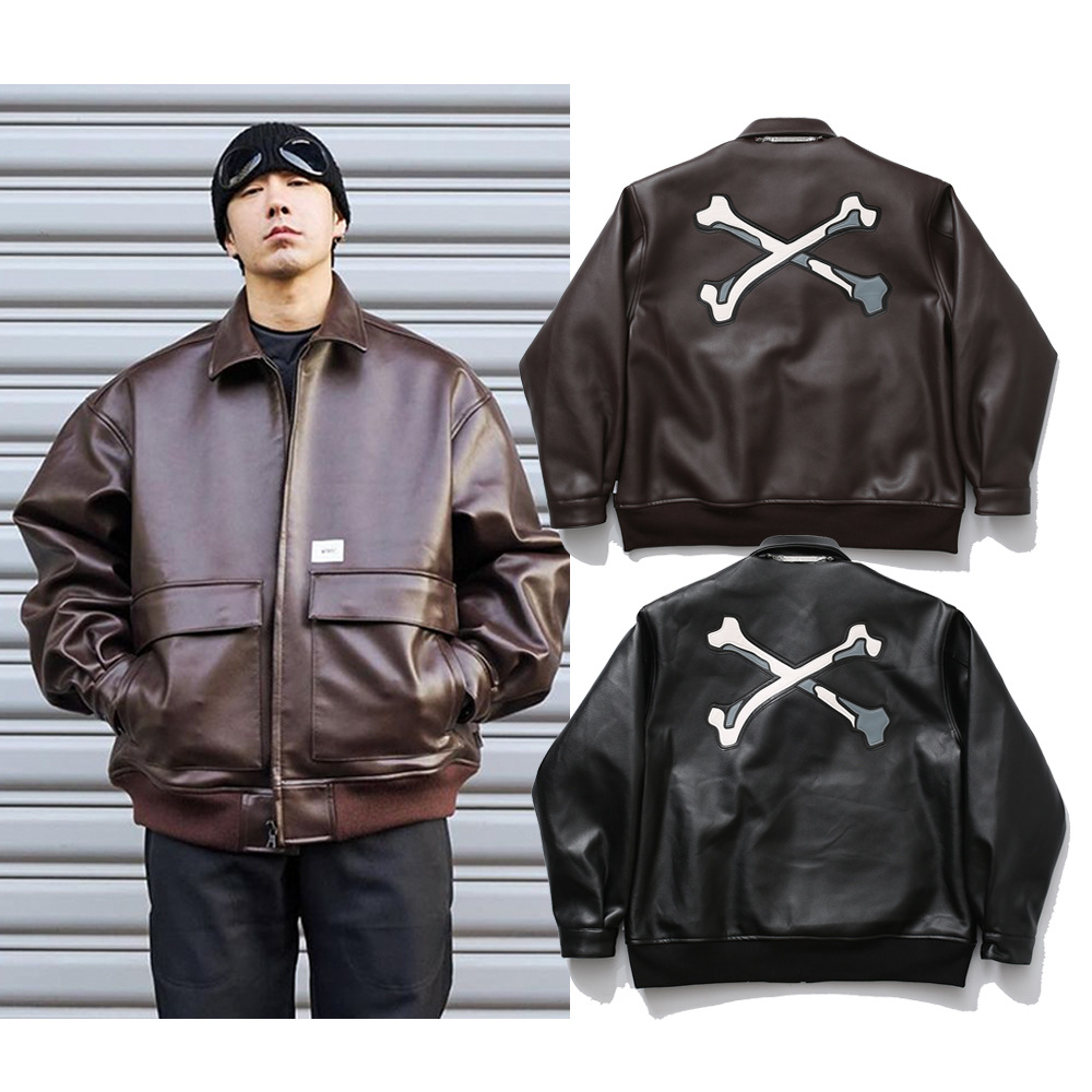 wtaps西山彻日潮皮外套骨头飞行皮衣夹克刺绣翻领机车上衣男女款