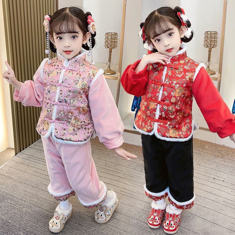 拜年服童装汉服儿童新年冬季加绒加厚唐装宝宝棉衣套装女童汉服热