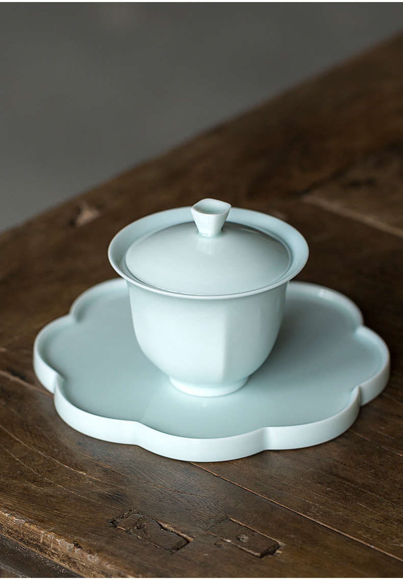 觅白系列三才盖碗 郁金香盖碗加壶承德化白瓷玉泥泡茶碗托盘整套