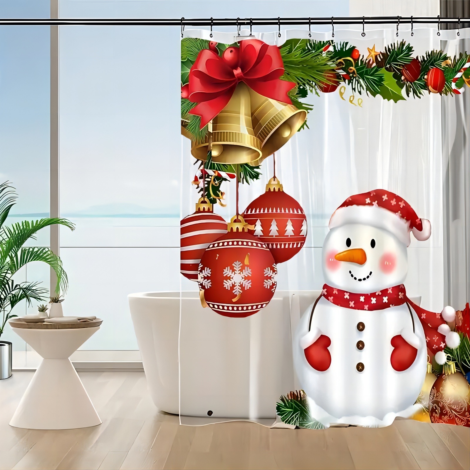 [muqing] christmas shower curtain snowman transparent printing toilet partition curtain eva punch-free shower curtain