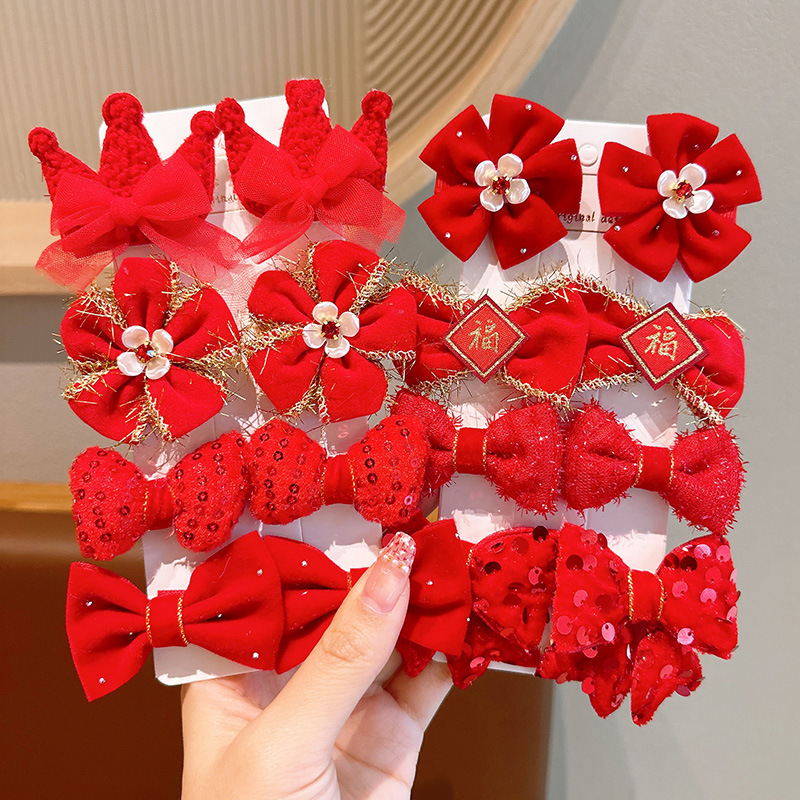 8-piece set ~ autumn and winter new year red children barrettes girls performance hair ornaments sweet flowers a pair of hairclips bow hair clip