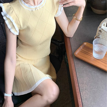 YUEJUXING/芒芒西米露/夏日千金奶黄色冰丝飞袖半裙套装设计感潮