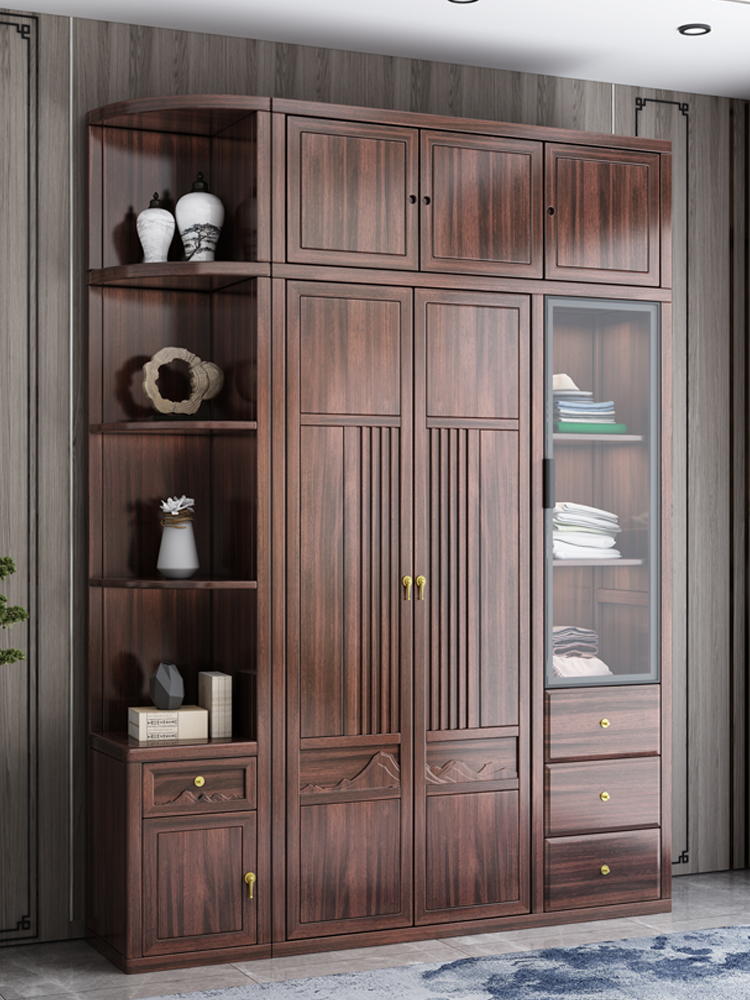 新中式金丝檀木家具实木大衣柜家用卧室平开门转角木质带顶柜衣橱