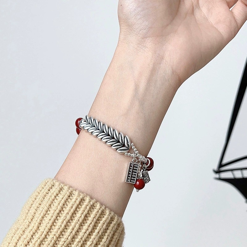 new s925 pure silver everything goes smoothly abacus cinnabar bracelet barley hanging cabbage wheat bracelet chinese style bracelet