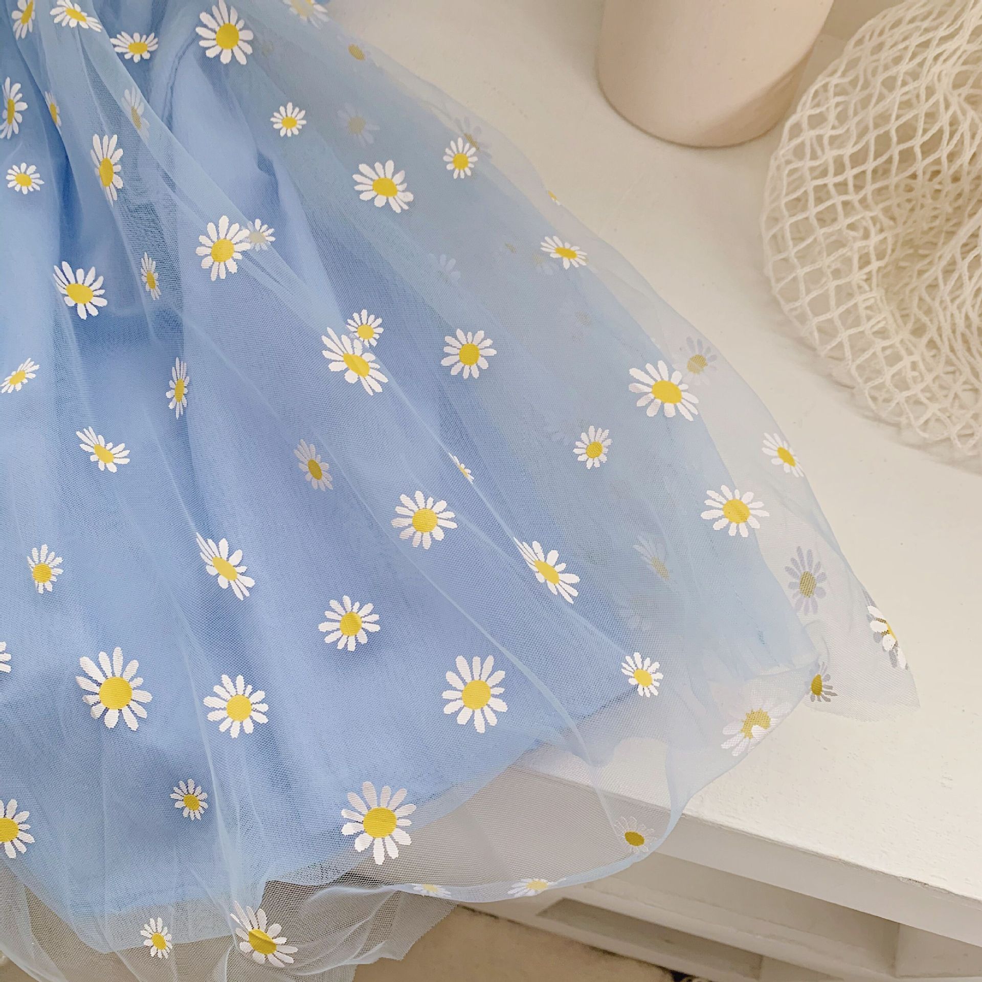 一件代发 20145 小清新蓝色小雏菊印花网纱女童连衣裙