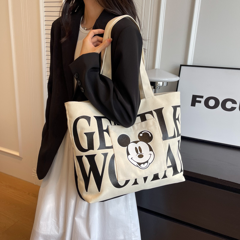 2024 New Trendy Korean Style Simple Canvas Shoulder Bag Large Capacity Tote Bag Letter Student Class Bag Wholesale