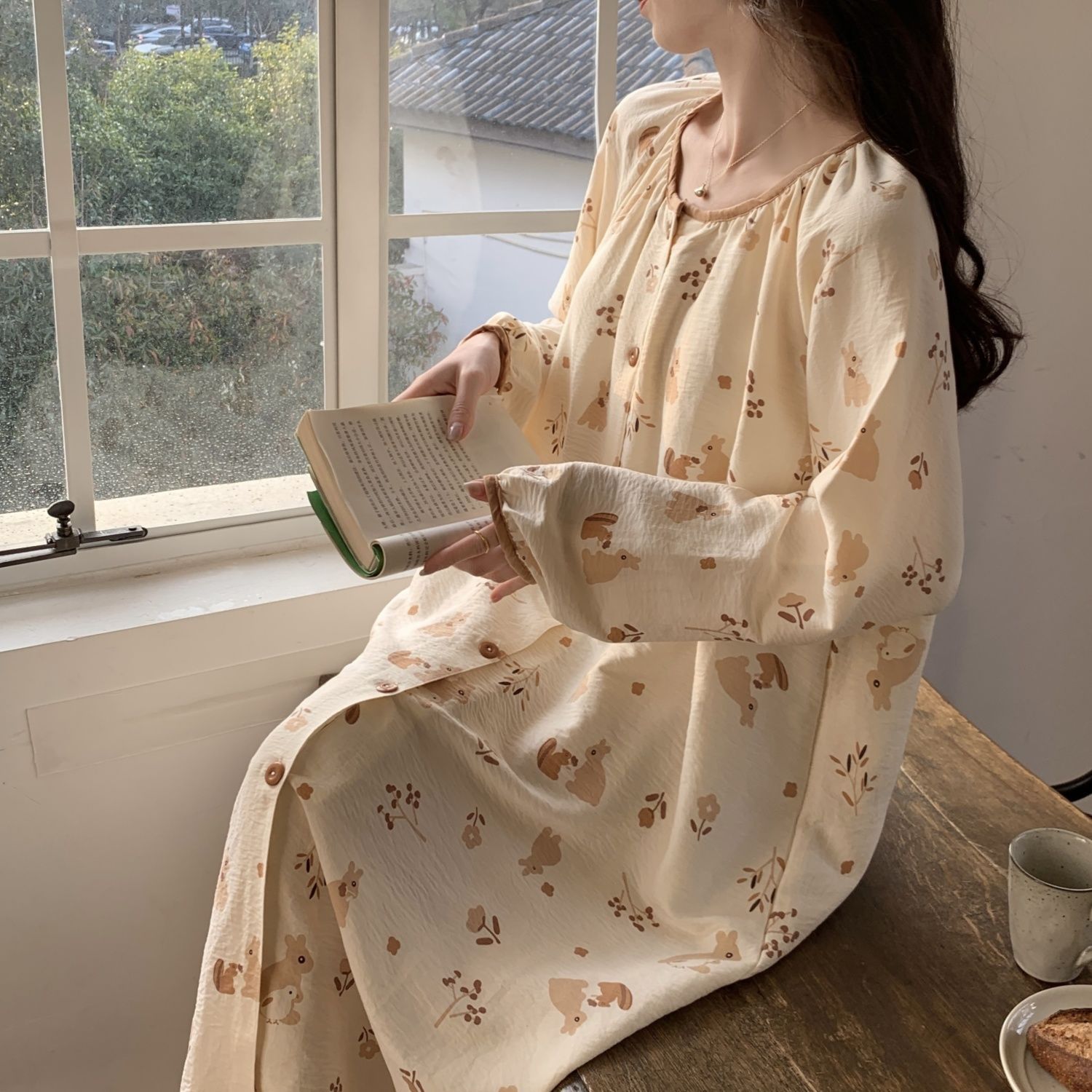 甜美公主睡裙女春秋网红直播新款开衫长袖睡衣碎花少女宽松家居服