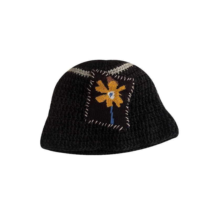 South Korea Ins Niche Designer Flowers Woolen Cap Children Autumn Winter Thermal Knitting Bucket Hat Trendy Couple