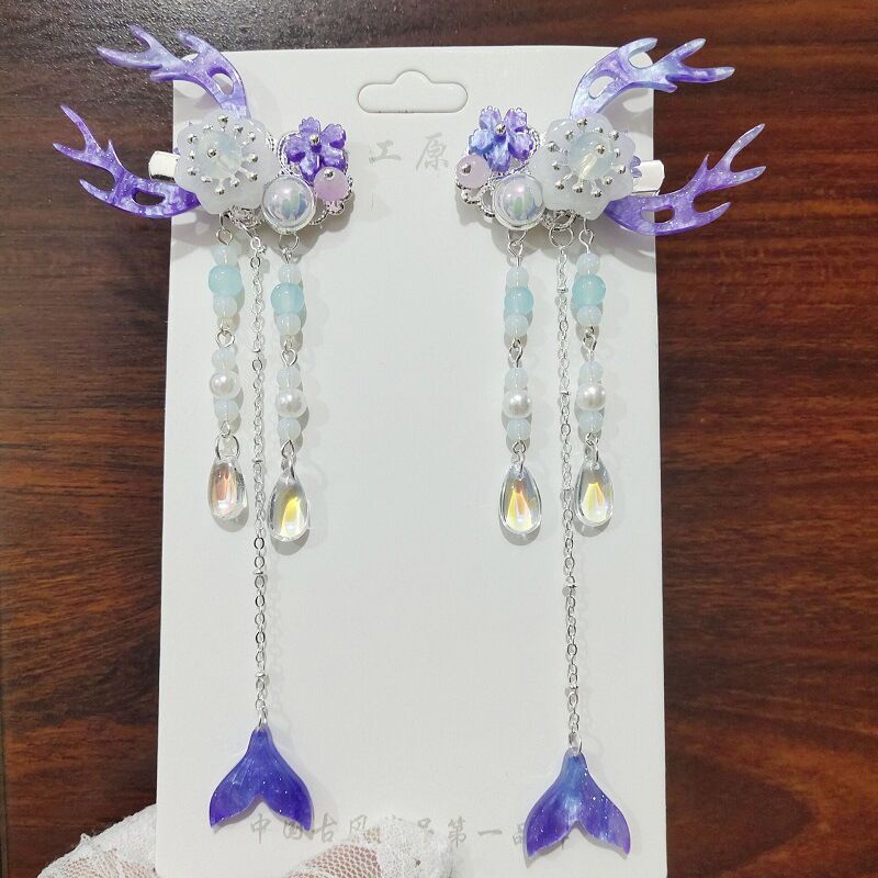 紫色系儿童超仙汉服头饰古风发卡中国风发夹女童古装步摇飘带头花