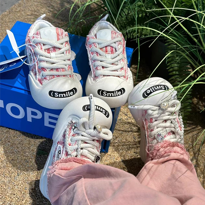 oude开口笑帆布鞋大头丑萌小香风粉色厚底小众板鞋男女白鹿同款