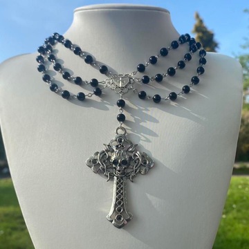 复古十字架项链欧美黑色浮雕哥特少女祈祷lolita珍珠长项链