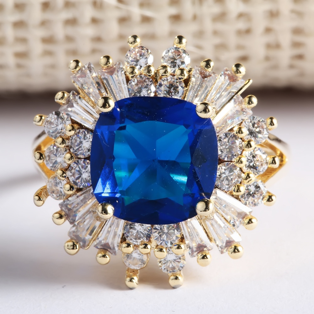 贝迪欧美个性时尚戒指黄金色镶嵌深蓝色托帕石wish亚马逊爆款