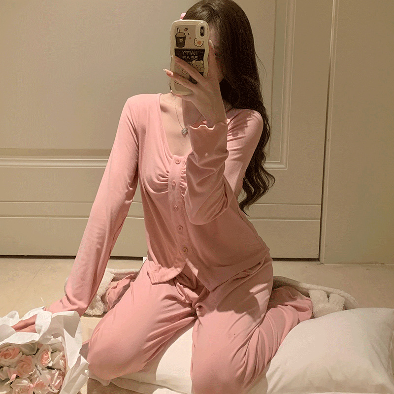 2023 Spring and Autumn New Modal Cotton Pajamas Women's Long-Sleeved Trousers Cardigan Simple Casual Homewear Can Be Worn outside
