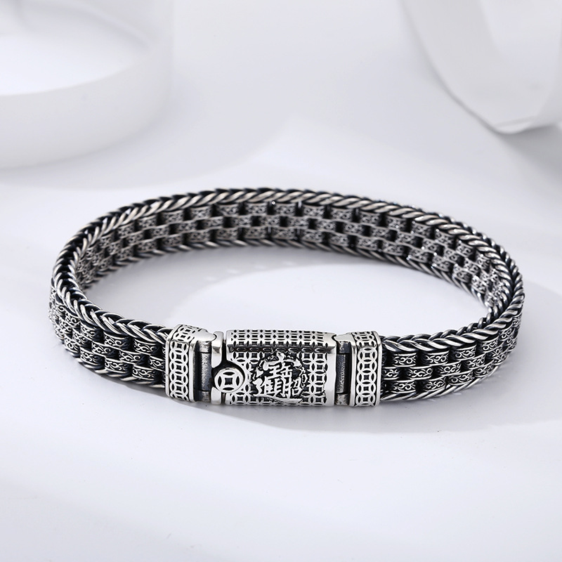 925纯银手链招财进宝男士粗款唐草纹 泰银复古做旧潮