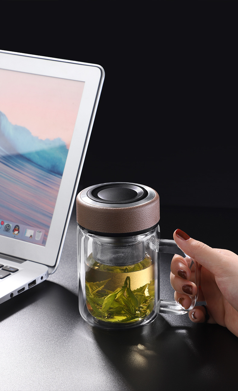 创意玻璃杯带盖带把手柄双层隔热办公室水杯子男士茶水分离泡茶杯
