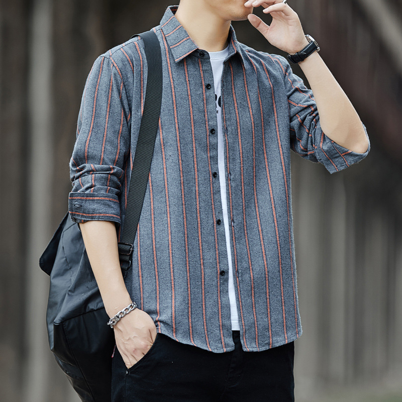 Men's Shirt Long Sleeve Plaid Shirt Men's Trendy Casual Korean Style Fashionable All-Match Top Clothes Striped Shirt Men's