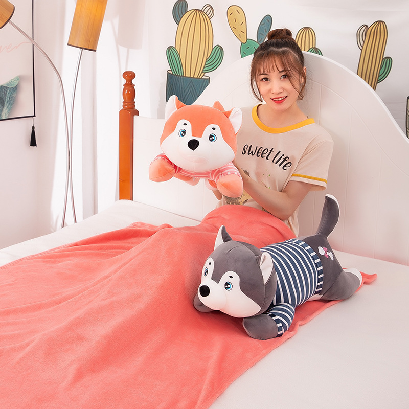 Cartoon Husky Dog Pillow Blanket Cushion Hand Warmer Dual-Use Lumbar Support Pillow Nap Blanket Office and Dormitory Pillow