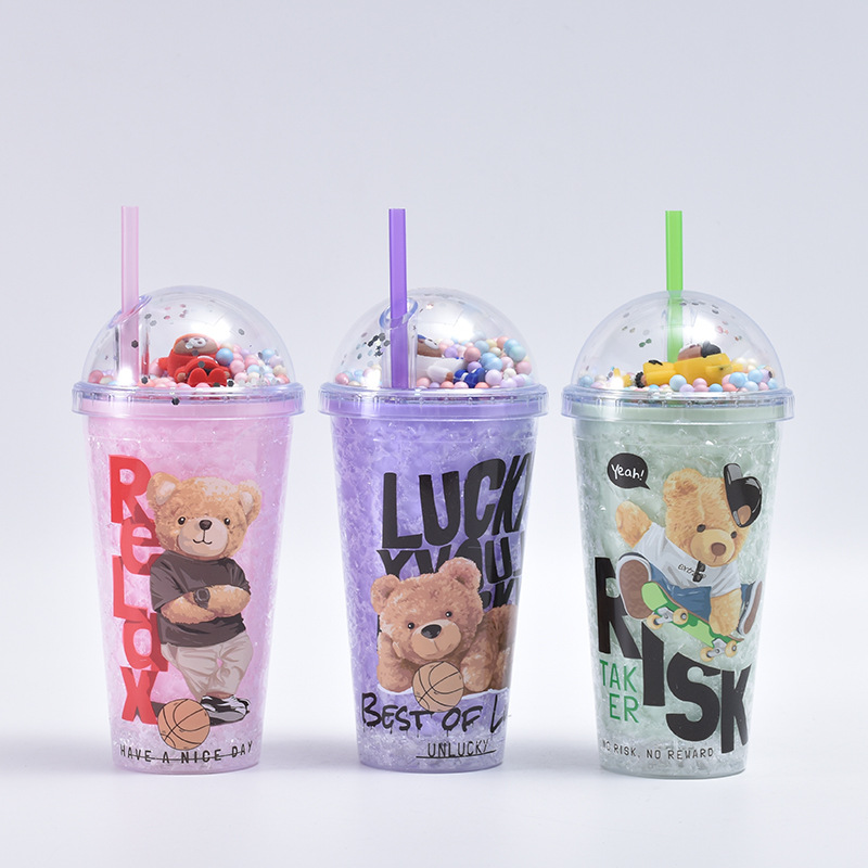 Internet Celebrity Little Bear Cartoon Plastic Cup Micro Landscape Cute Children's Straw Cup Good-looking Double Layer Summer Ice Glass Wholesale