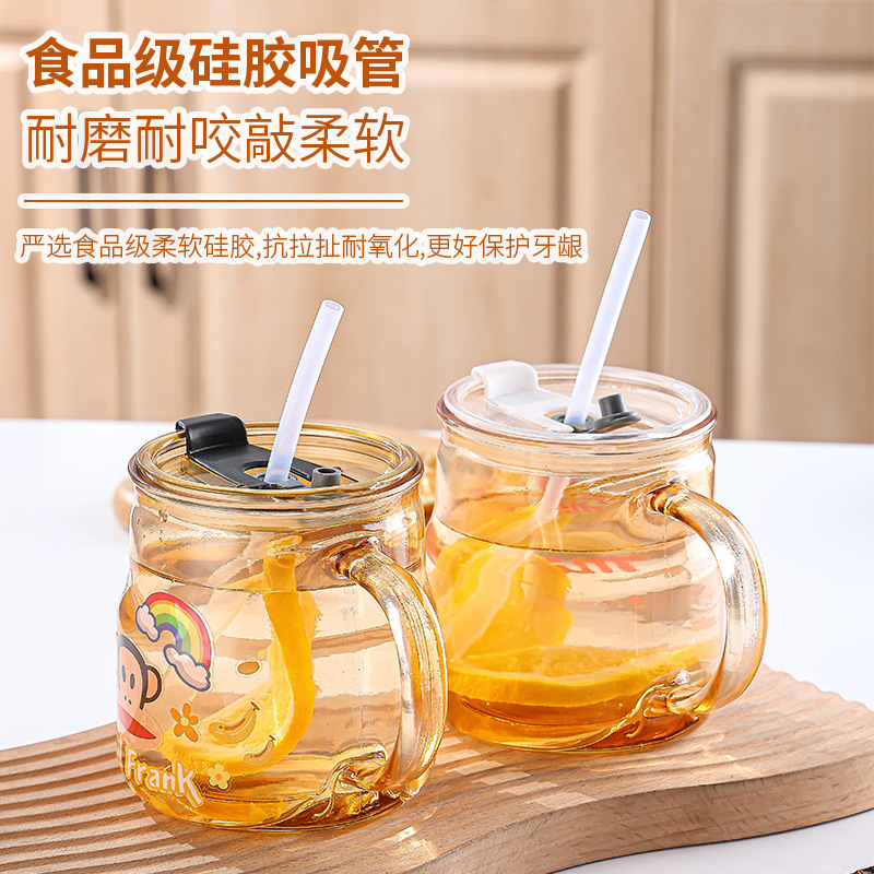 New Glass Cup with Straw Tea Cup Large Capacity Office Water Glass Cup with Handle Cute Cartoon Girl