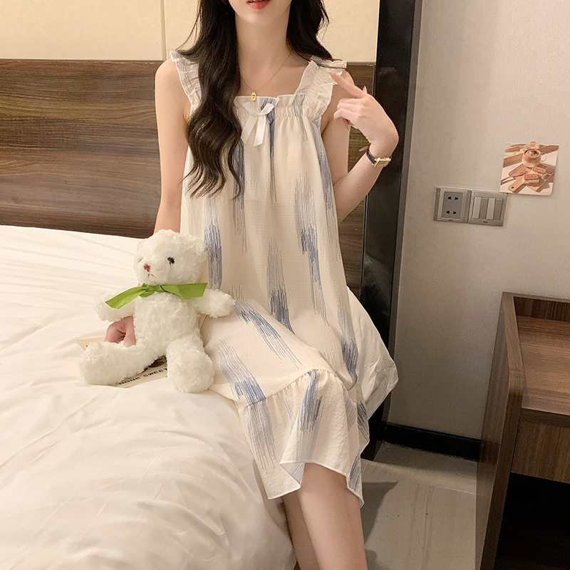 跨境睡衣女夏季甜美ins风泡泡棉薄款带胸垫吊带睡裙家居服可外穿