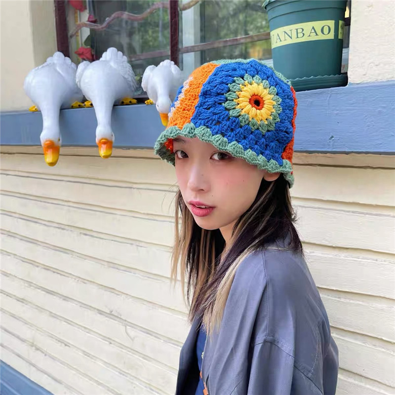 尼泊尔风彩虹手工钩花花边镂空盆帽女波西米亚撞色花朵针织渔夫帽