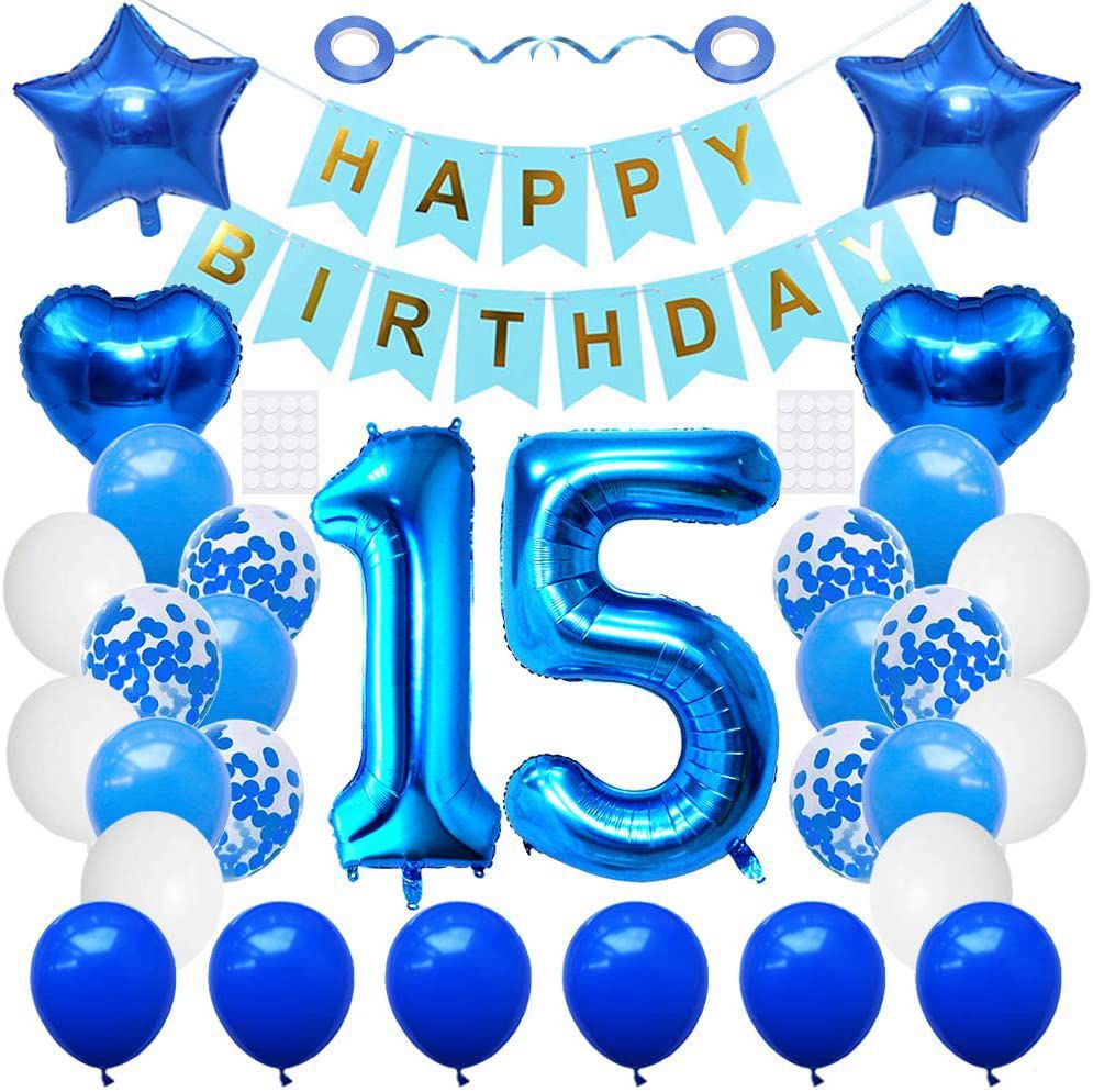 跨境男孩女孩15岁生日派对装饰蓝色鱼尾拉旗五角星爱心数字亮片球