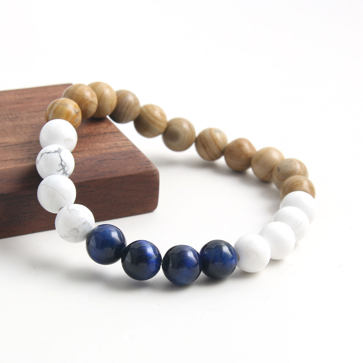 新白松石黄线石蓝虎眼撞色串珠手链拼色设计天然石男女治愈系手链