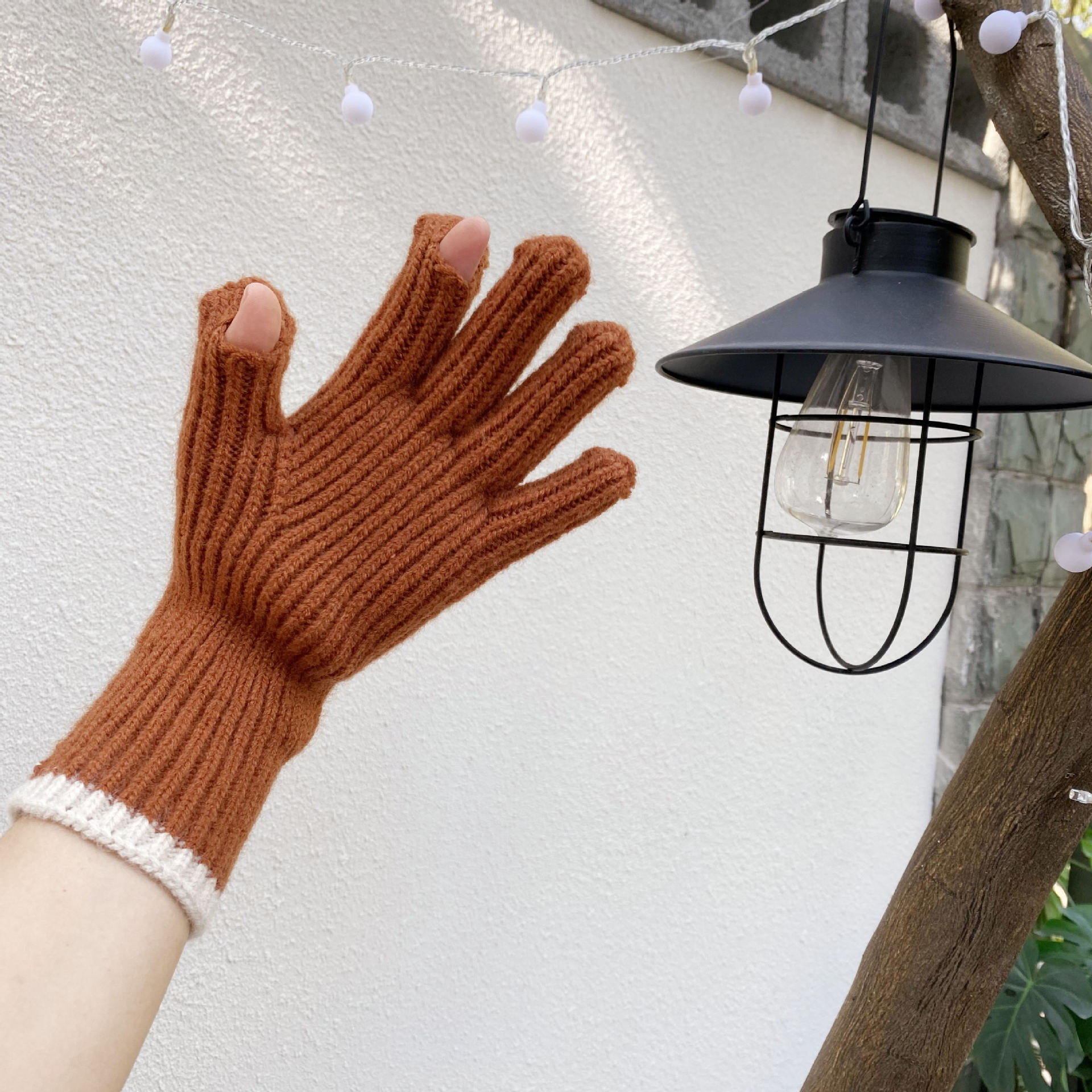 韩国东大门网红针织撞色分指手套破洞可触屏纯色毛线五指手套男女