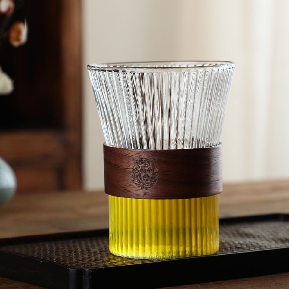 加厚竖纹日式玻璃茶杯防烫水杯分离玻璃杯家用隔热品茗杯主人杯
