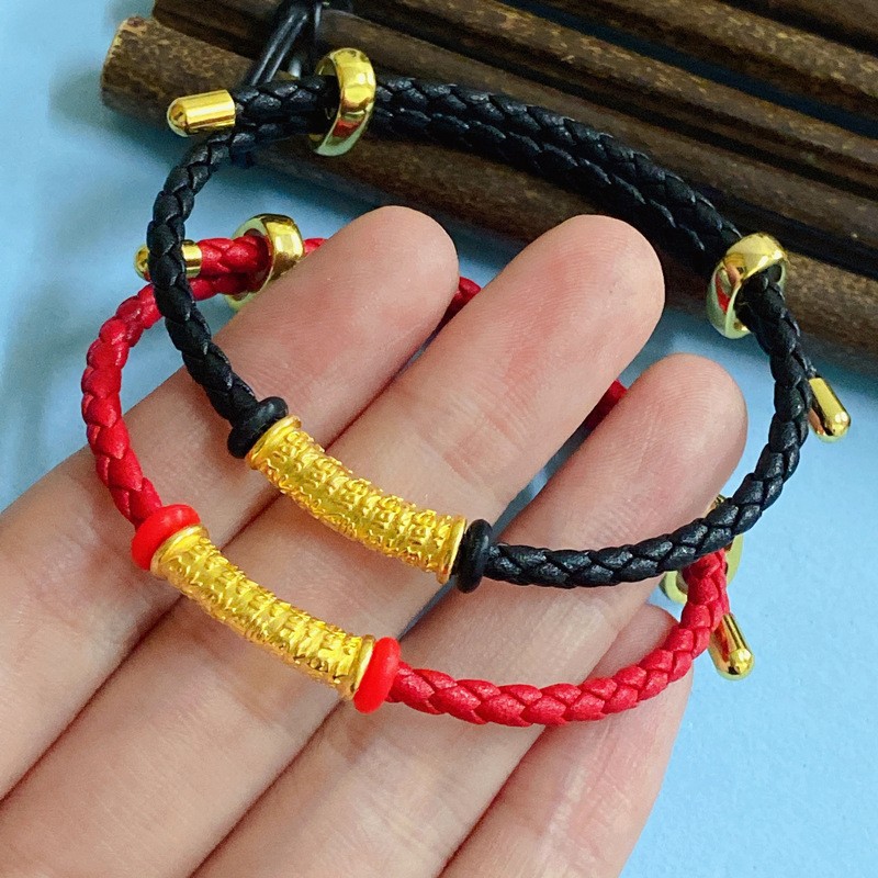 3d硬金百福弯管手链黄金皮绳男女款999足金弯管24k金吊坠项链代发