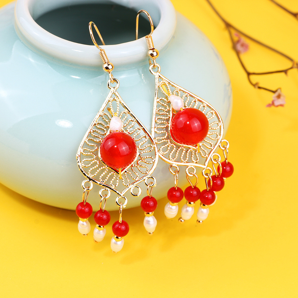 天然玉石玛瑙耳坠长款珍珠流苏耳环中国风古装耳饰无耳洞耳夹 女