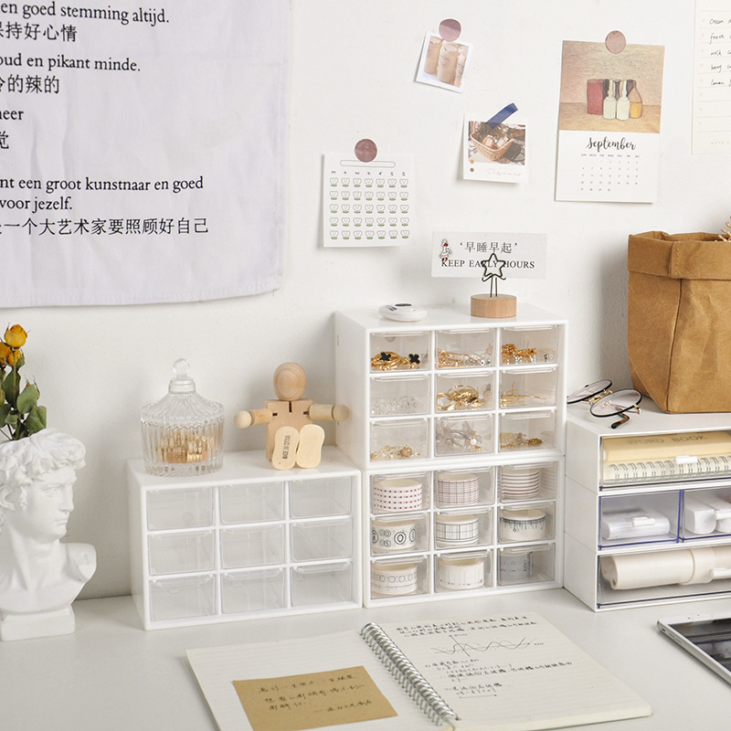 ins girl‘s heart nine grid dustproof drawer storage box multi-layer desktop cosmetics stationery jewelry organizing box
