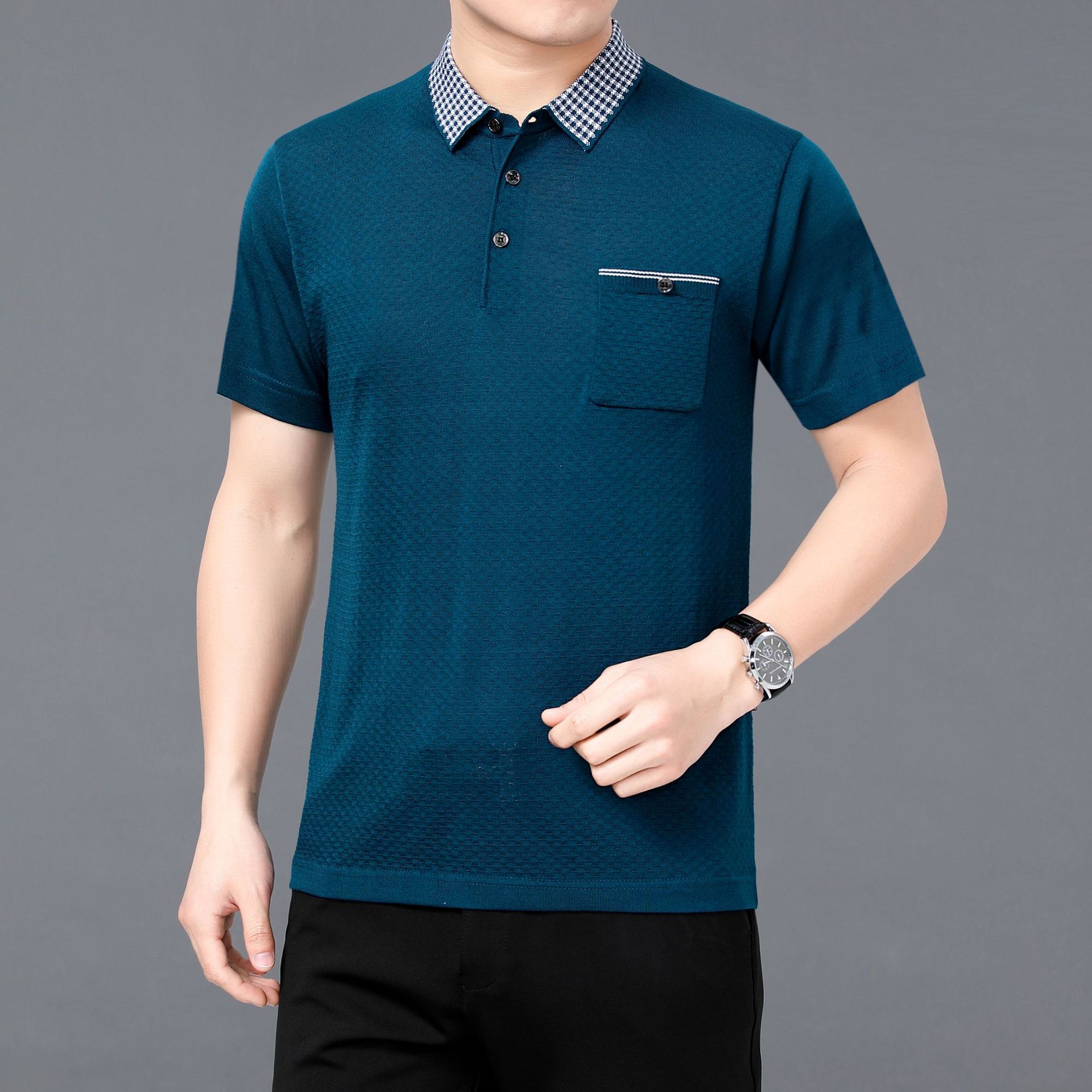 夏季短袖针织t恤男中老年男士翻领体恤衫带口袋爸爸装老年人衣服