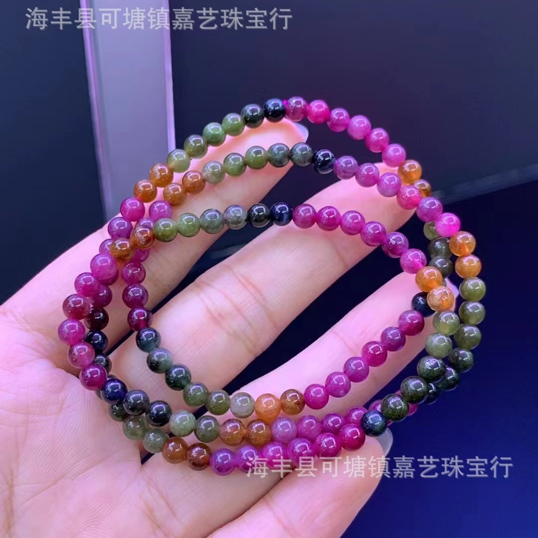 西瓜色碧玺三圈佛珠手链饰品手串晶体通透直播货源糖果配色批发